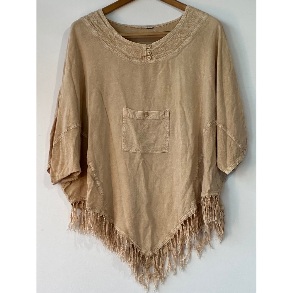 BOHO Poncho Top Embroidered Fringe Hem Womens OS Tan Excellent